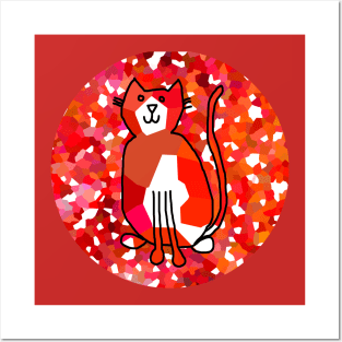 Minimal Line Drawing of Cat on Red Posters and Art